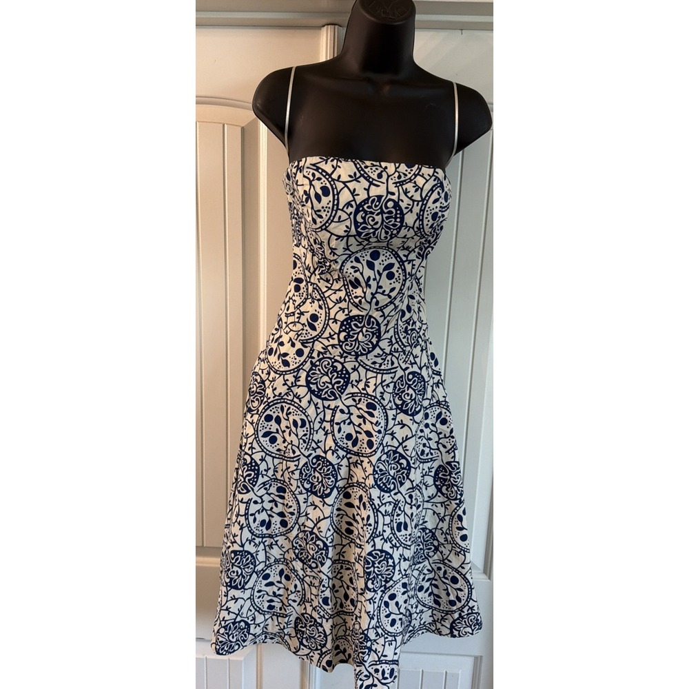 Tabitha Womens Dress SZ 2 Navy Ivory Printed Strapless Midi Cotton Summer Anthro